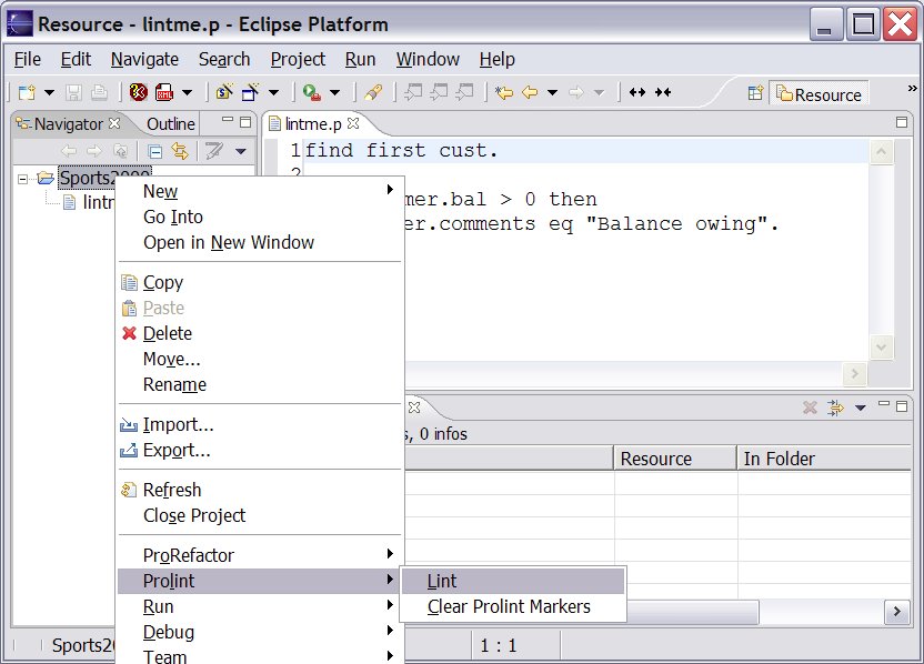 Prolint/Eclipse menu choices: There are two simple menu items for Prolint: one to find problems, and the other to clear the problem markers. Any combination of files, folders, and projects can be selected for these.