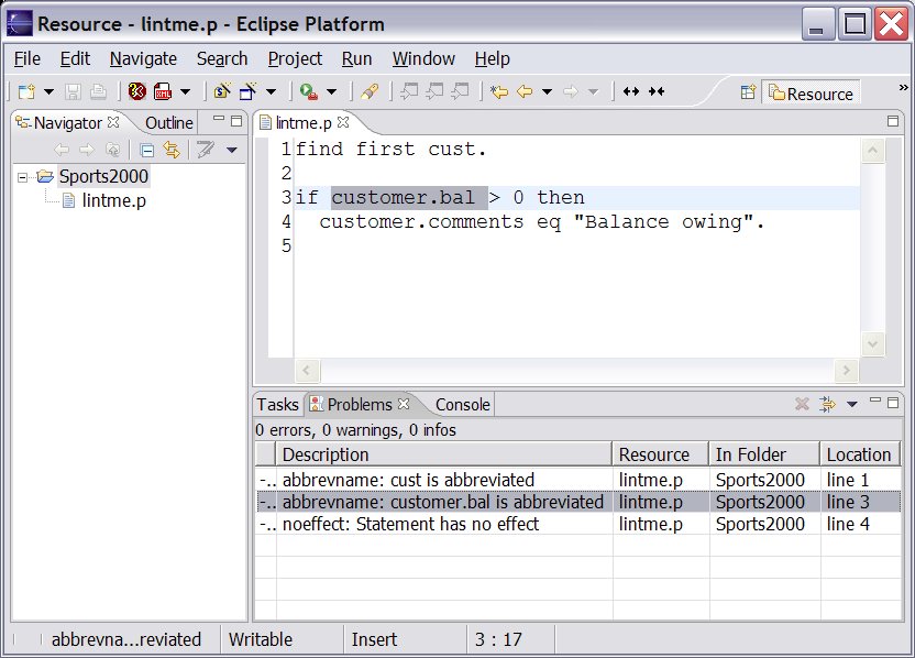 Prolint/Eclipse Problems View: Once Prolint problems have been found, problem markers are created in Eclipse. These markers can be sorted and filtered. Clicking on a marker in the Problems view opens an editor to the right line and highlights the problem code.